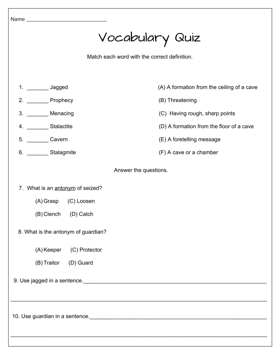 Week 1 vocabulary quiz with six definition matches, two antonym questions, and sentences using jagged and guardian