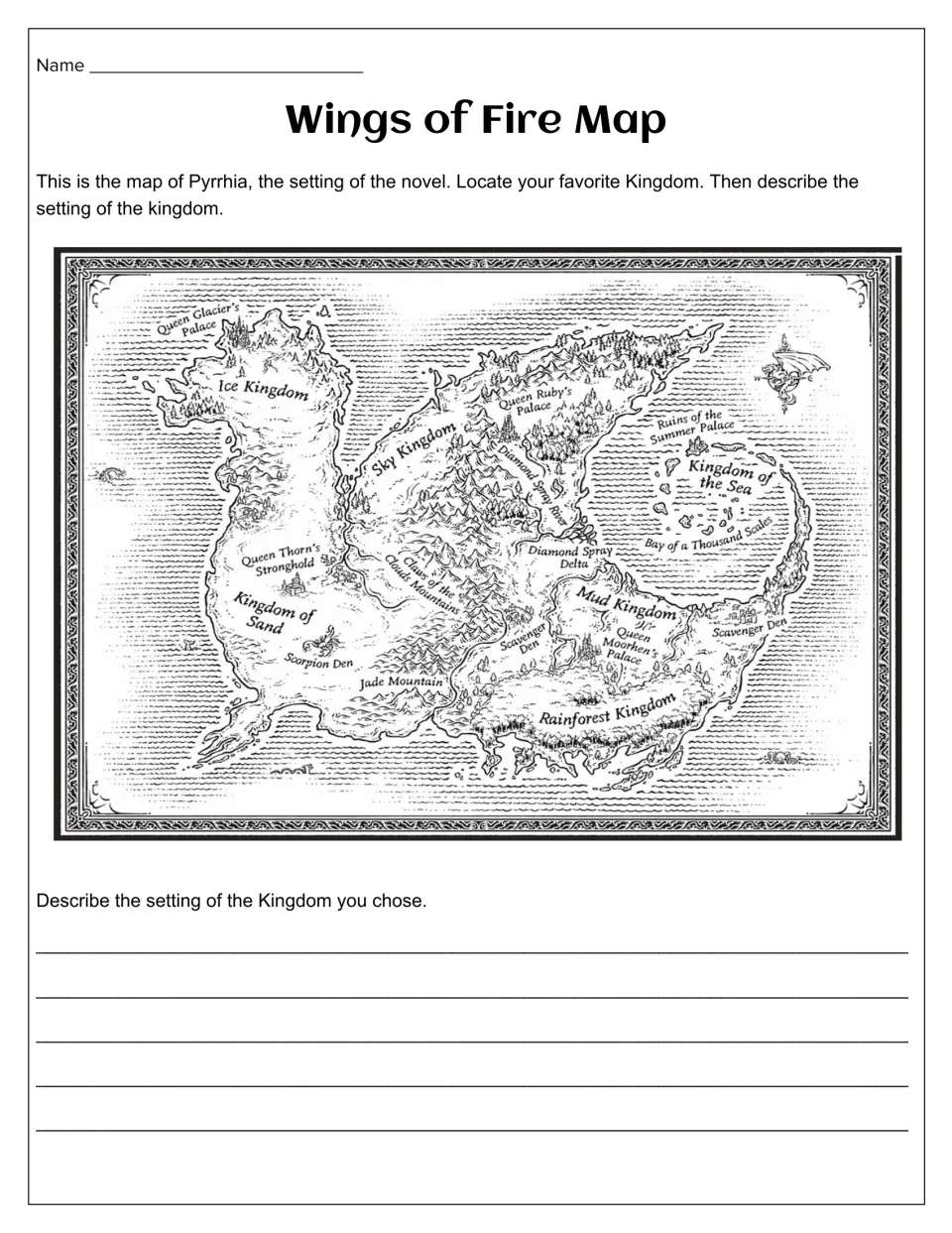 Novel setting activity using a map of Pyrrhia to locate a favorite kingdom and describe its setting