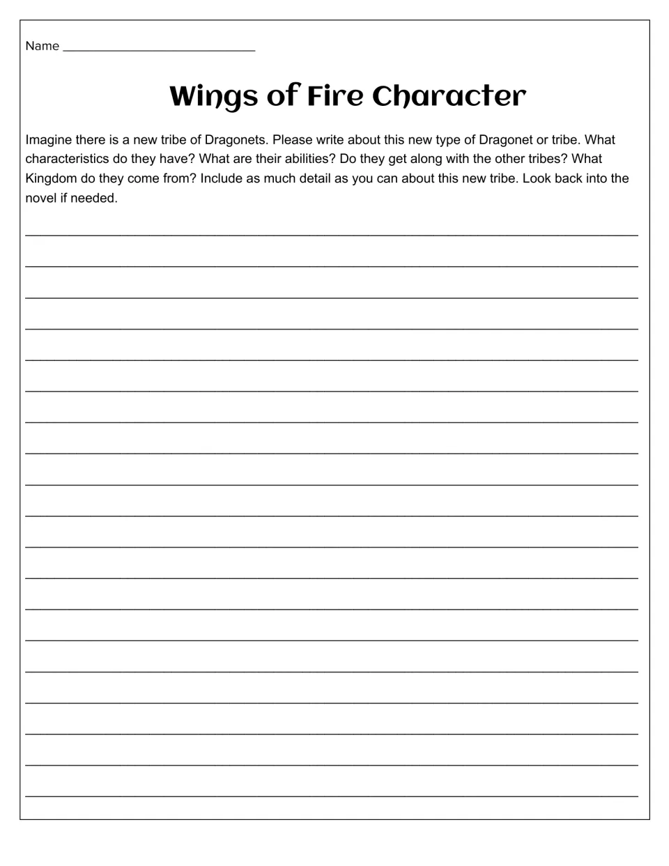 Character-writing activity asking students to invent a dragonet tribe, its traits, abilities, and home kingdom