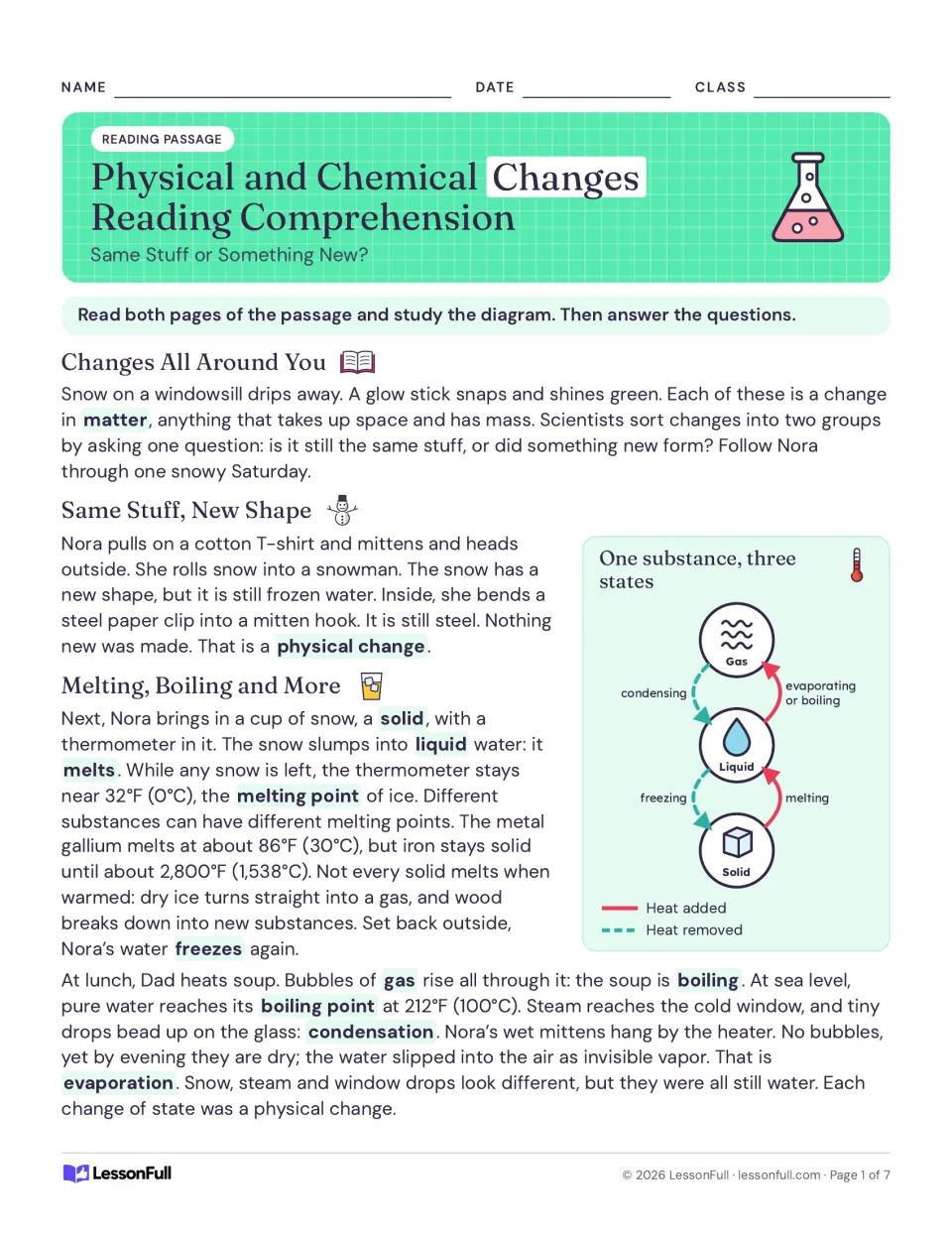 Physical and chemical changes passage following Nora's snowy day, with a states of matter diagram of melting and freezing