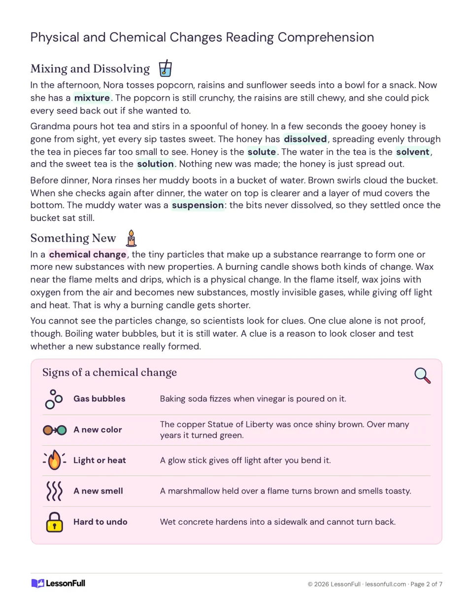 Passage on mixtures, dissolving and suspensions, plus Something New with a Signs of a chemical change chart