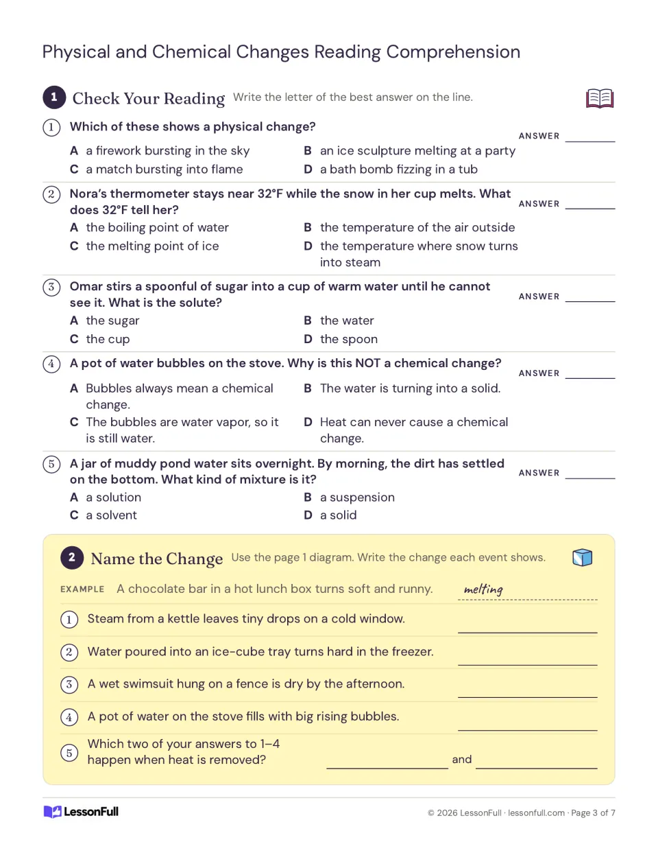 Check Your Reading multiple choice on melting, solutes and mixtures, and Name the Change for five events