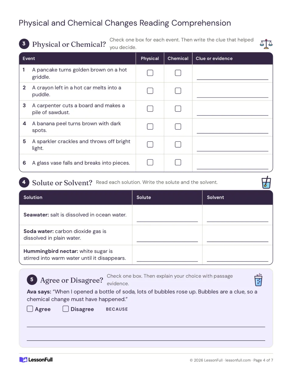 Physical or Chemical sorting table for six events, solute and solvent table, and an agree or disagree claim