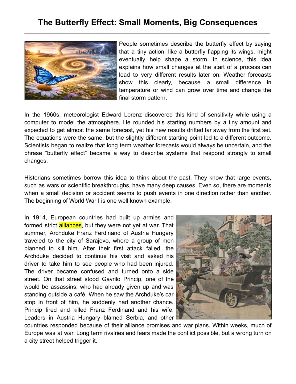 The Butterfly Effect reading passage: students read about Lorenz's weather models and the start of World War I