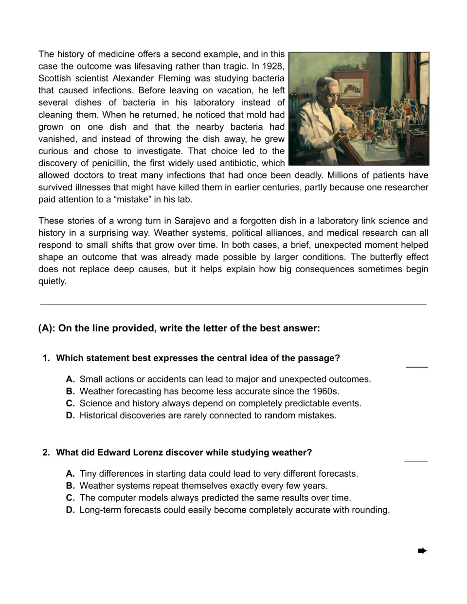 Penicillin passage ends, then multiple-choice questions 1 and 2 on the central idea and Lorenz's discovery
