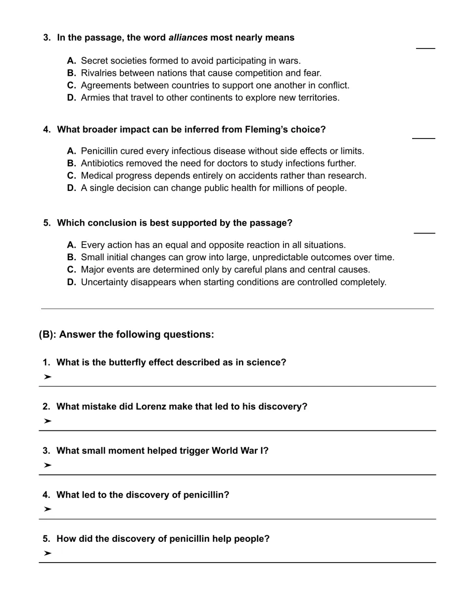 Comprehension questions 3–5 and five short-answer questions on Lorenz, World War I, and penicillin