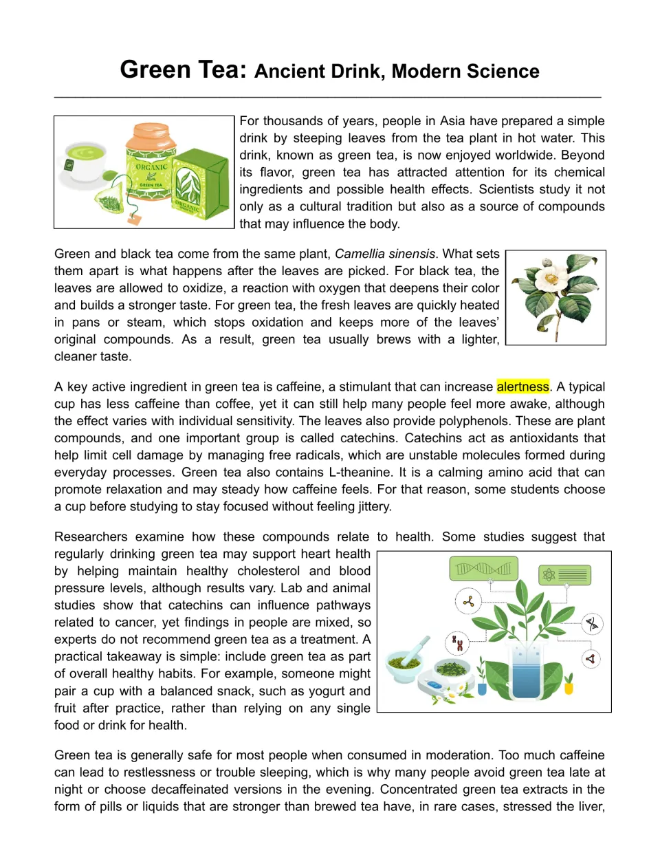 Green tea passage opening explains tea processing, caffeine, catechins, L-theanine, and health research.