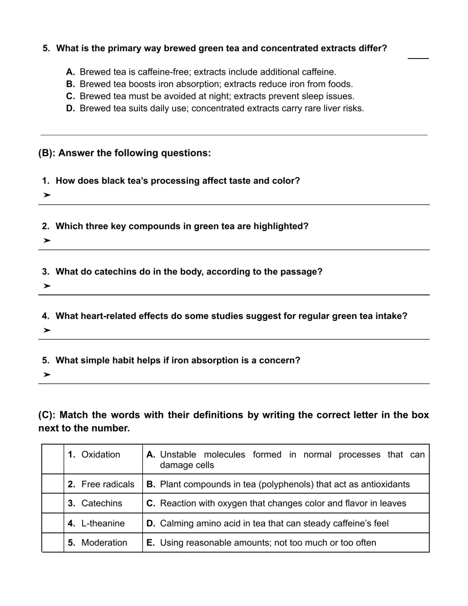 Green tea question 5 compares brewed tea and extracts, followed by five short answers and vocabulary matching.