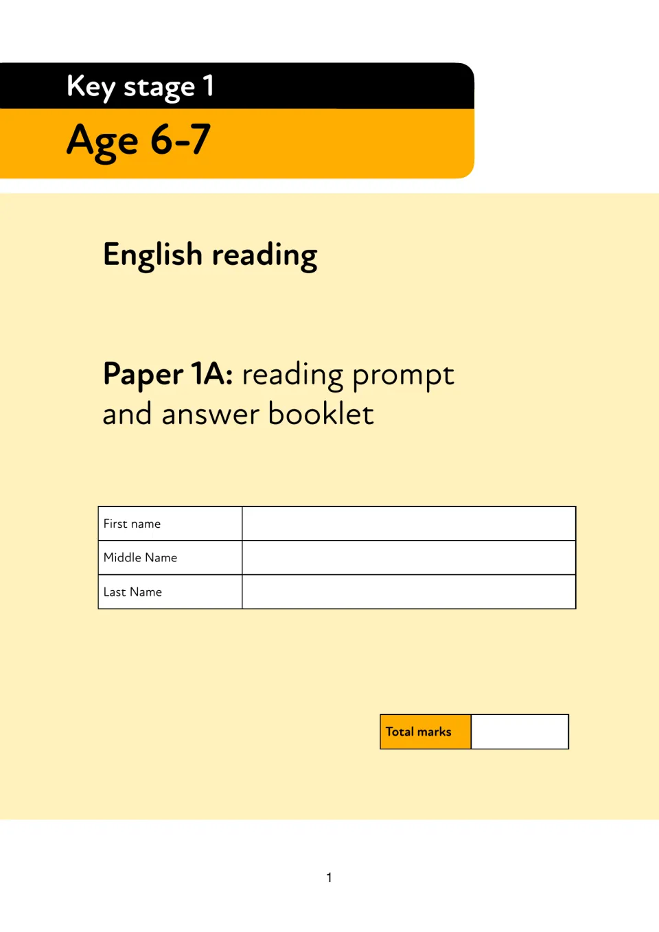 Reading assessment cover for ages 6–7, labeled English reading, Paper 1A: reading prompt and answer booklet