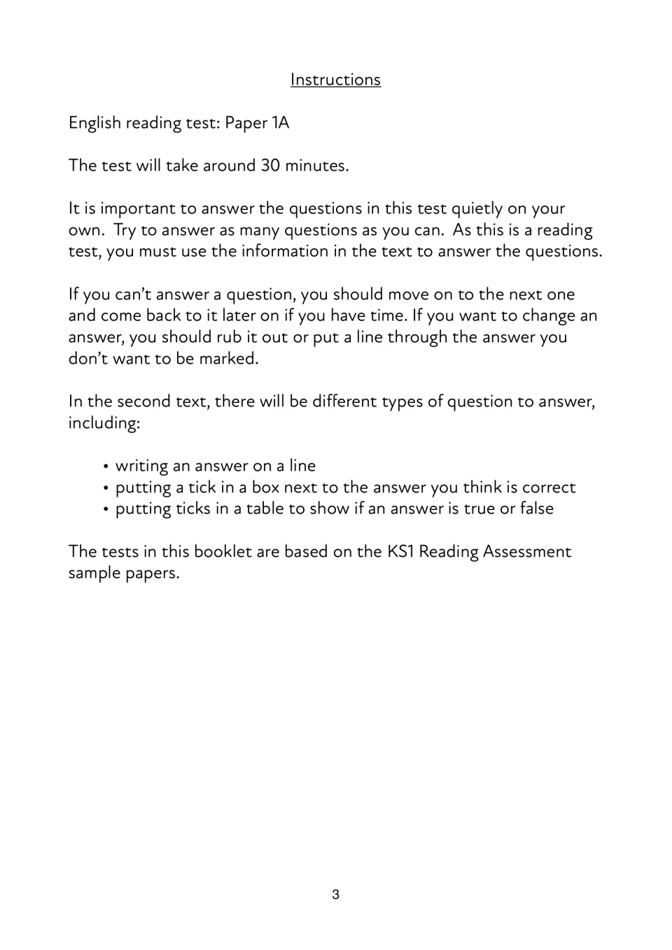 Reading test instructions give a 30-minute estimate and explain written, multiple-choice, and true-or-false answers