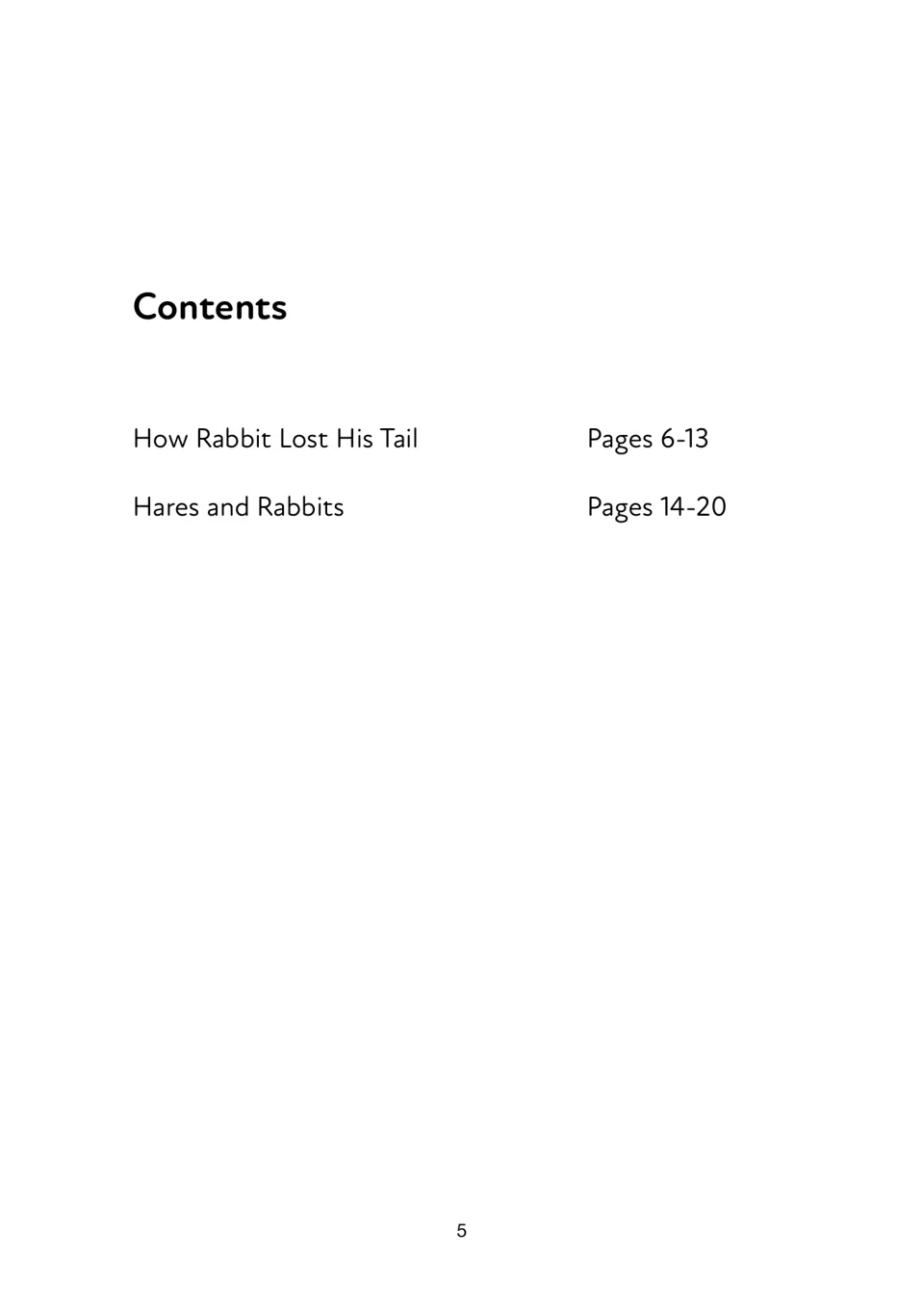 Reading test contents list How Rabbit Lost His Tail on pages 6–13 and Hares and Rabbits on pages 14–20