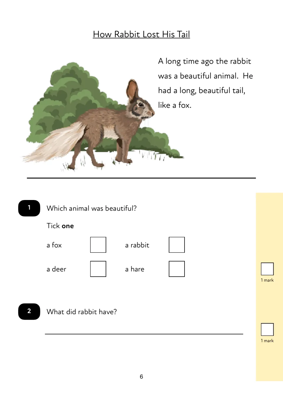 Story opening describes Rabbit’s long, beautiful tail; questions 1–2 ask which animal was beautiful and what he had