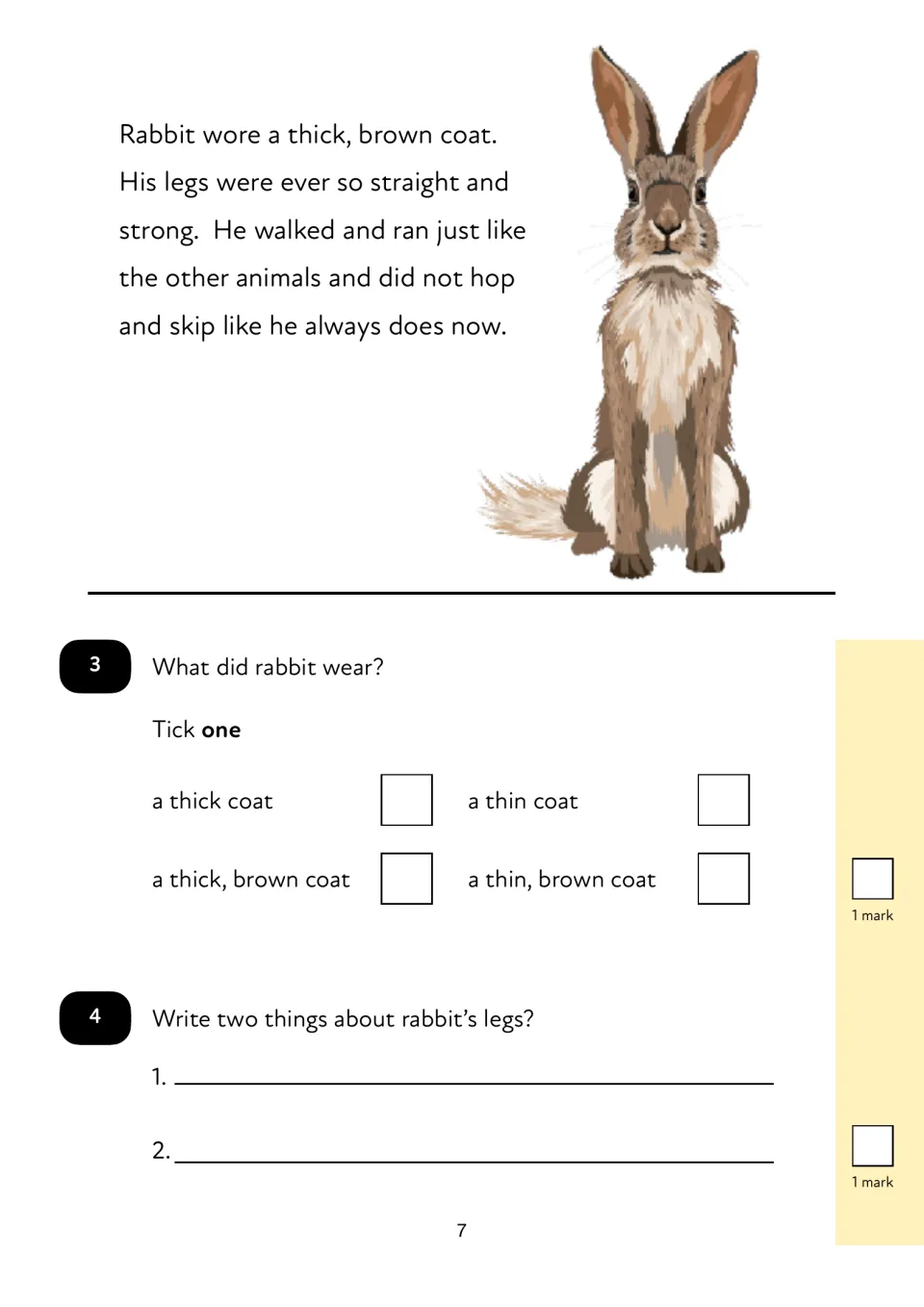 Story passage describes Rabbit’s thick brown coat and straight, strong legs; questions 3–4 ask about these details