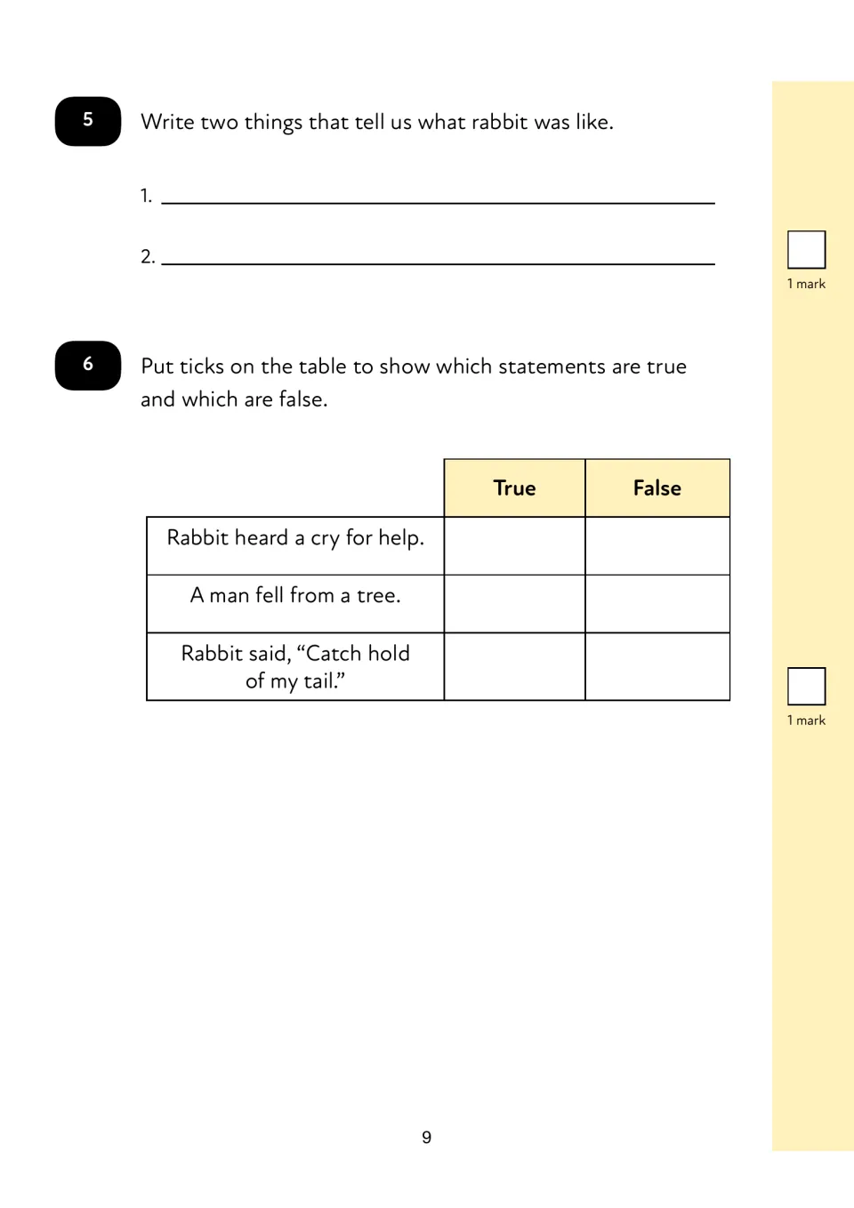 Reading questions 5–6 ask for two Rabbit character traits and true-or-false judgments about his offer to help