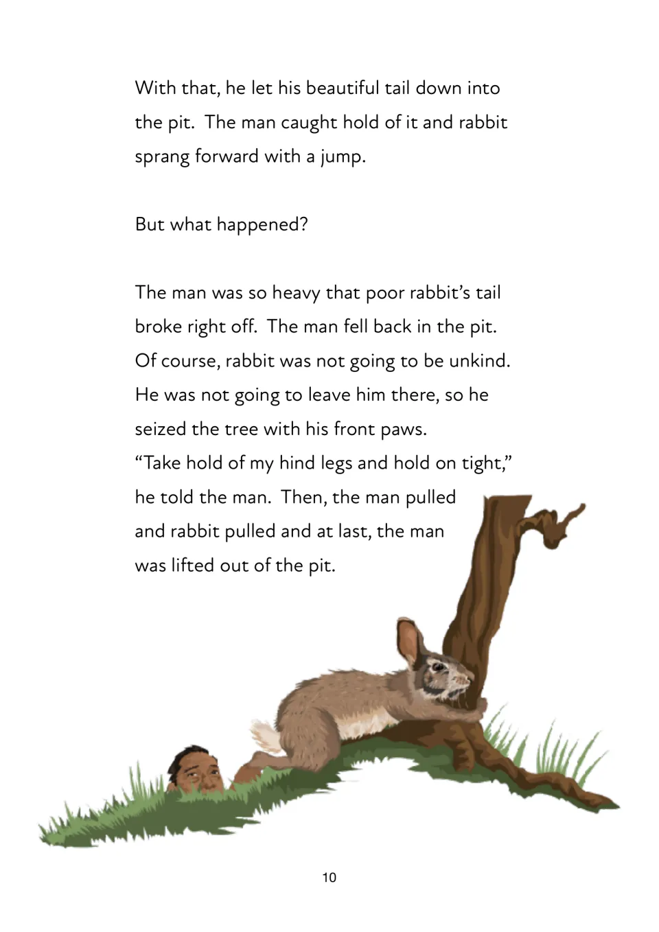 Story continuation explains how Rabbit’s tail breaks off and he rescues the man using his hind legs and a tree