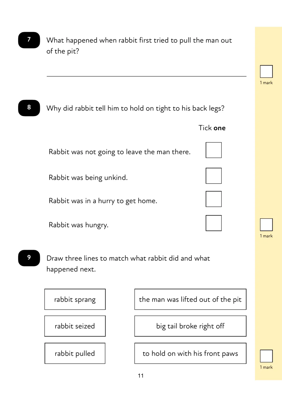 Reading questions 7–9 ask about Rabbit’s broken tail, his reason for helping, and matching actions to results
