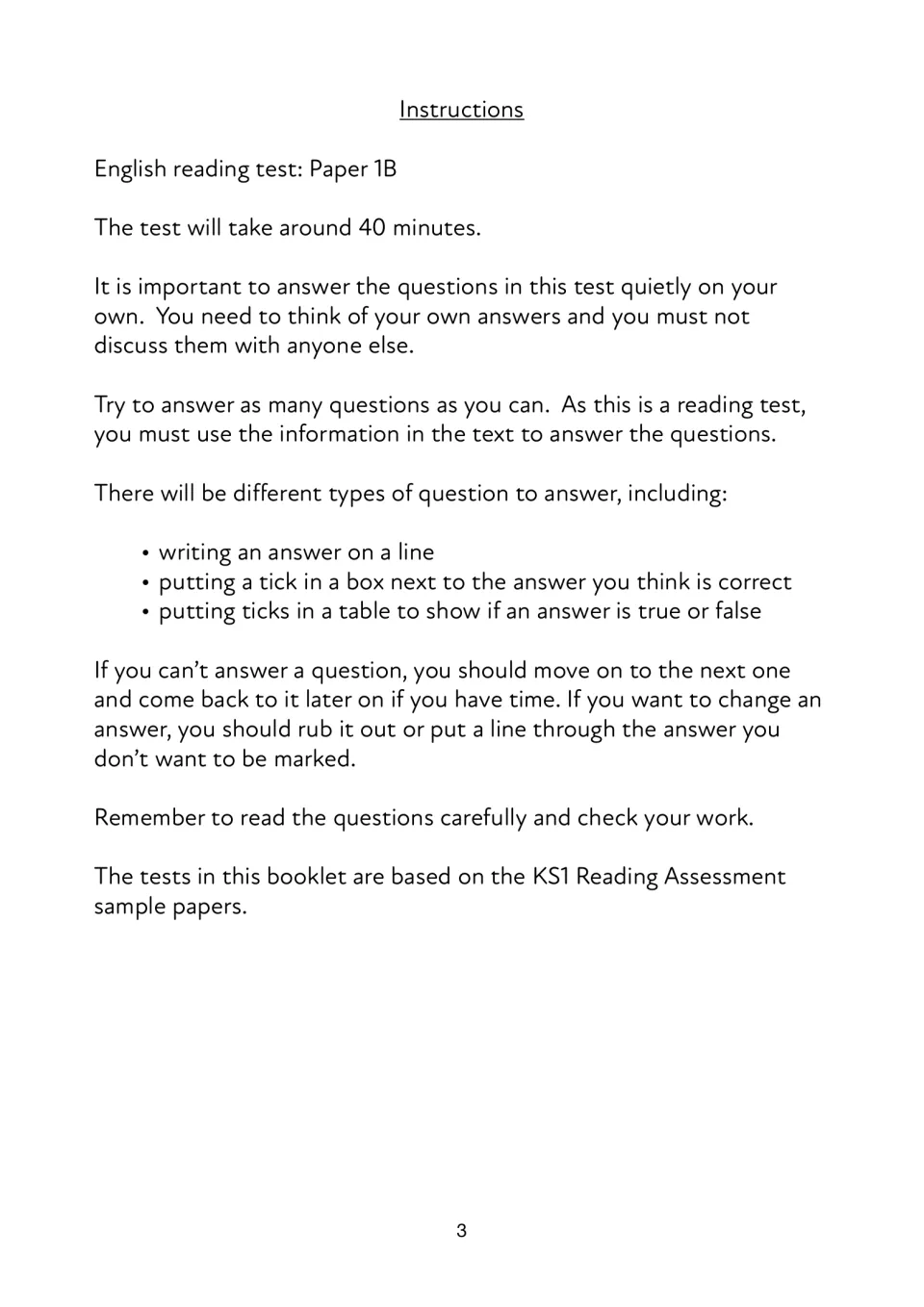 Reading test instructions explain the 40-minute timing, independent answers, and three question formats