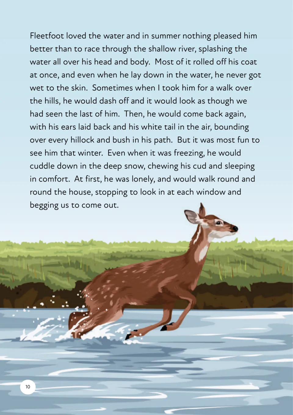 Fleetfoot story follows his river play, hill walks, winter rest in snow, and lonely visits to the windows