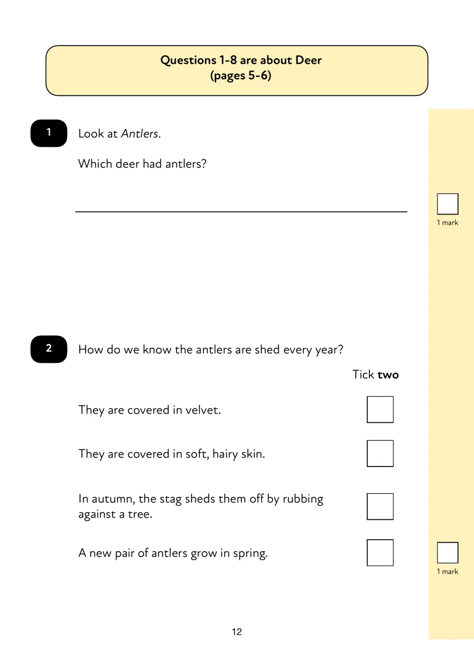 Deer comprehension questions 1–2 ask which deer have antlers and which statements explain annual shedding