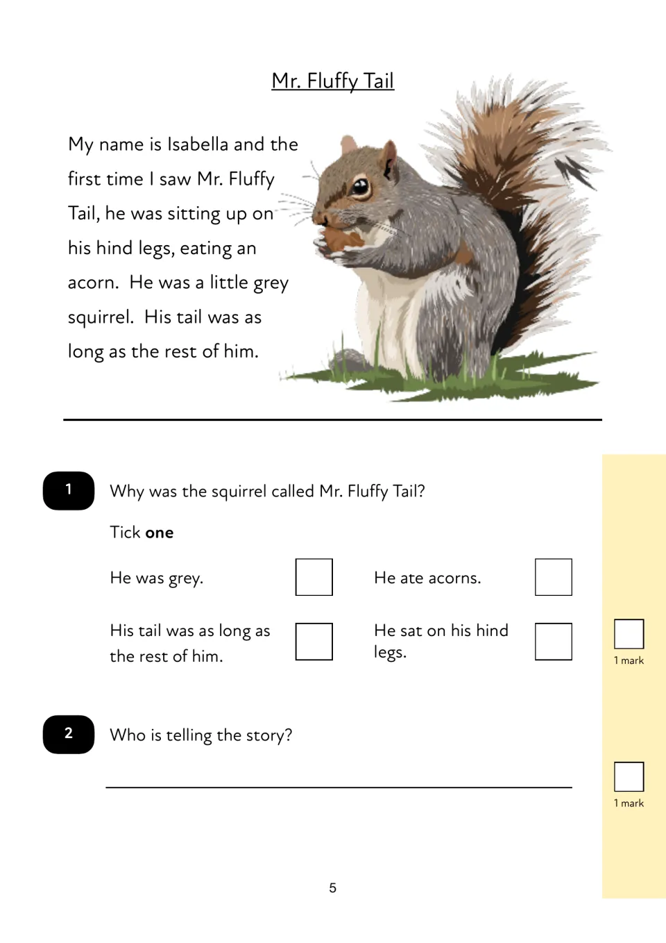 Story opening introduces Isabella and Mr. Fluffy Tail; questions 1–2 ask about his name and the narrator