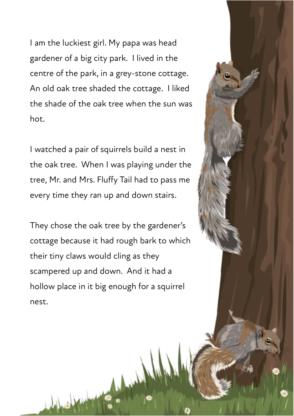 Story passage describes Isabella's park cottage and the oak tree where two squirrels build their nest