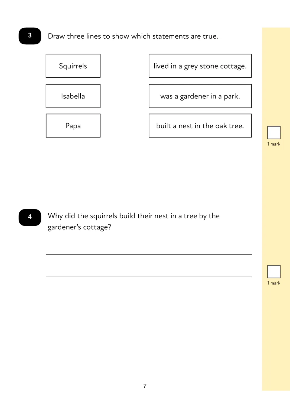 Questions 3–4 ask readers to match squirrels, Isabella, and Papa to facts and explain the nest location