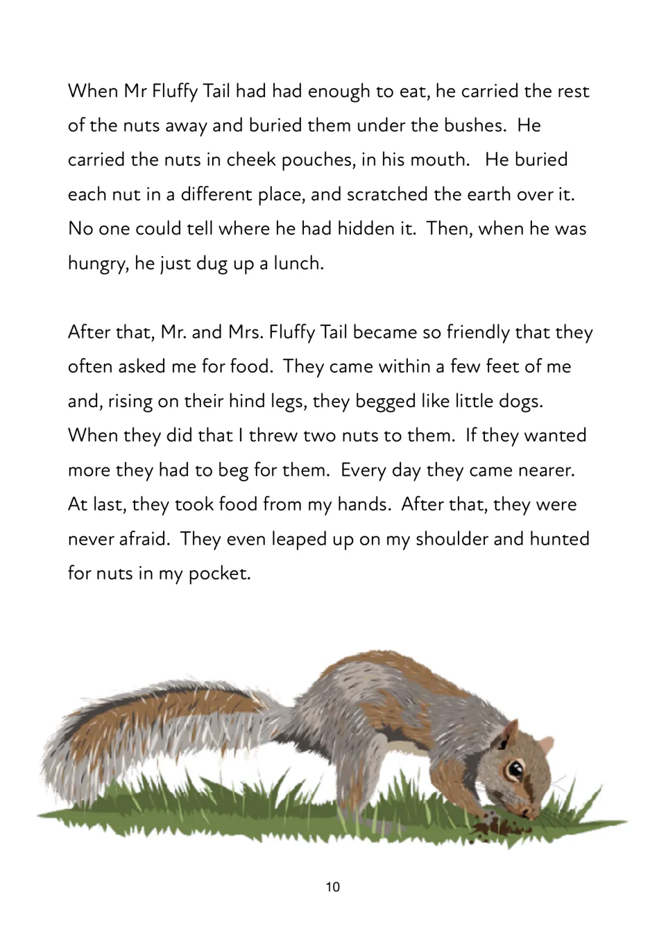 Story passage describes Mr. Fluffy Tail burying extra nuts and the squirrels taking food from Isabella's hands