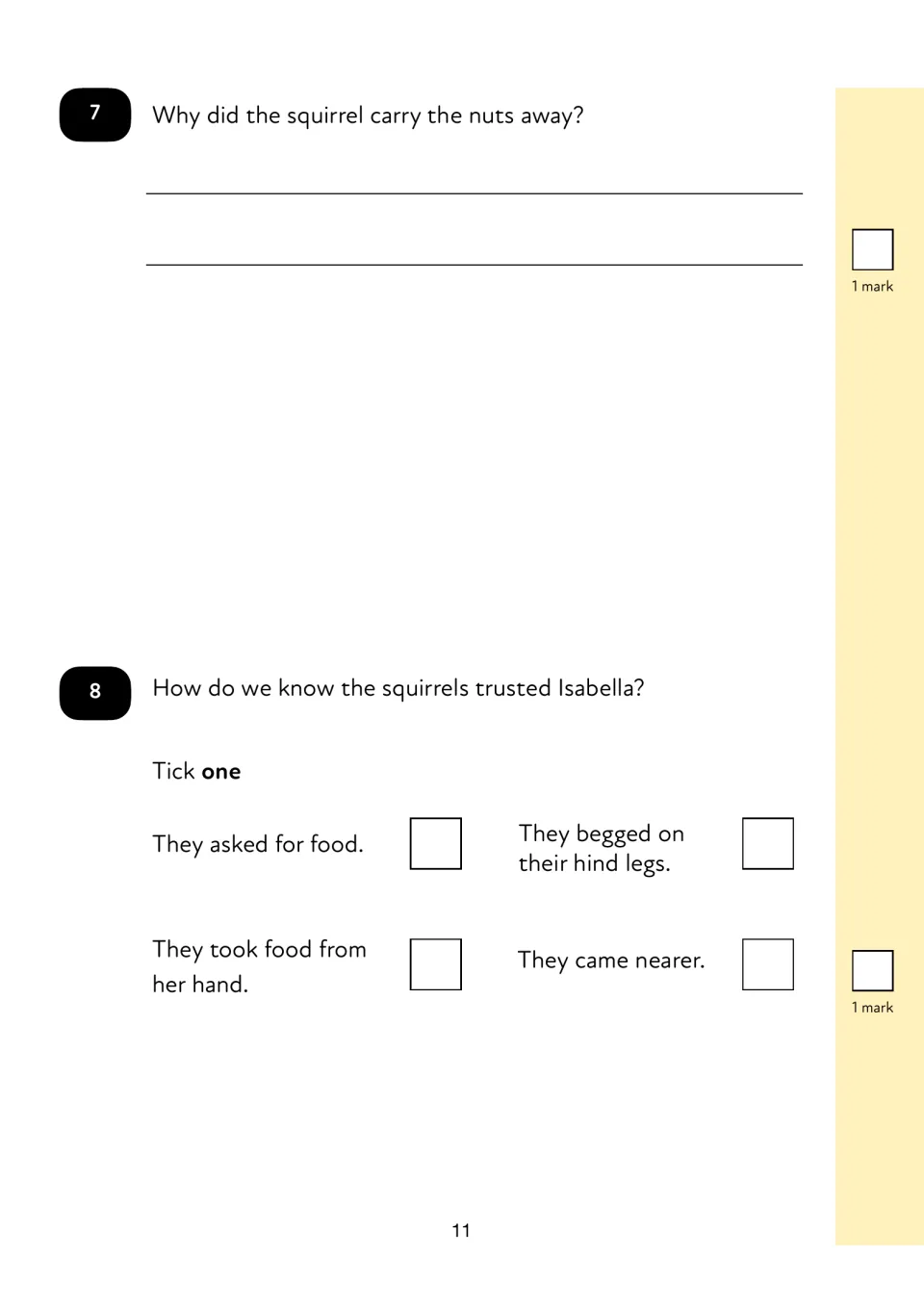 Questions 7–8 ask why the squirrel carried nuts away and which action shows the squirrels trusted Isabella