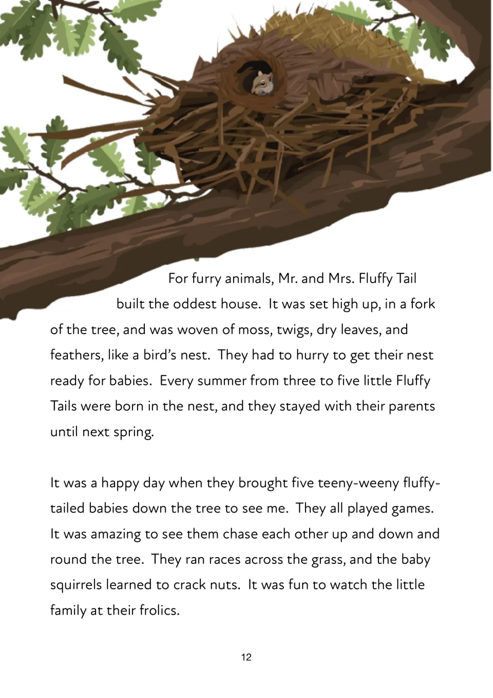 Story passage describes the squirrels' nest, five babies meeting Isabella, and the young squirrels playing