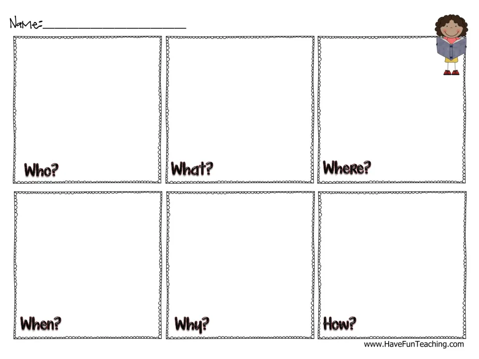 Key details practice: students write answers to Who?, What?, Where?, When?, Why? and How? about any text