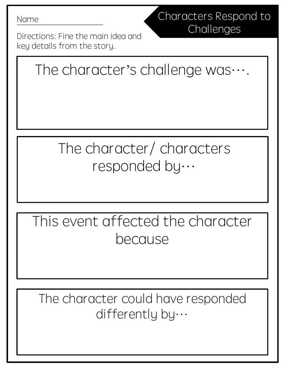 Characters respond to challenges: students write a character's challenge, response, its effect and another way to respond