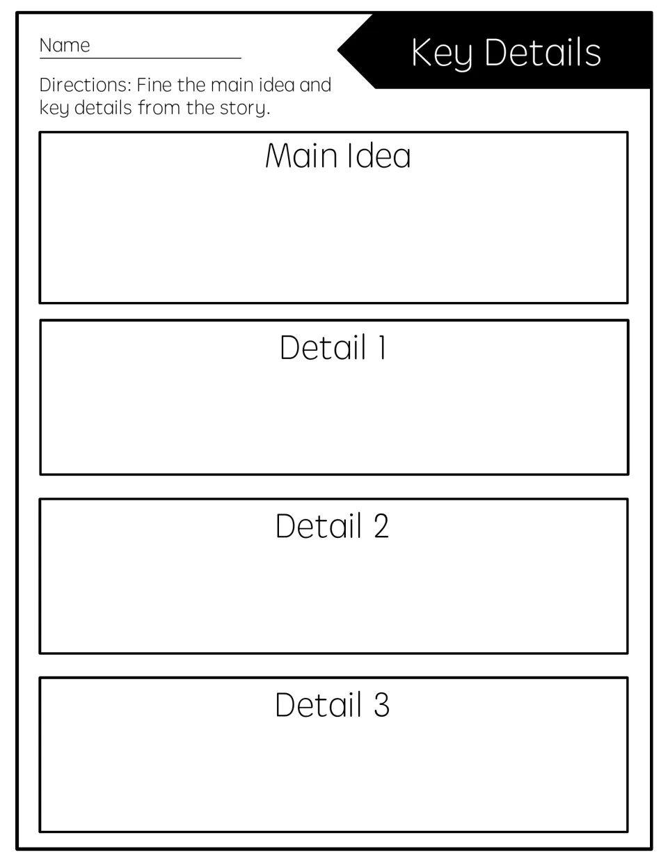 Key details organizer: students write a story's main idea and then three key details under Detail 1, 2 and 3