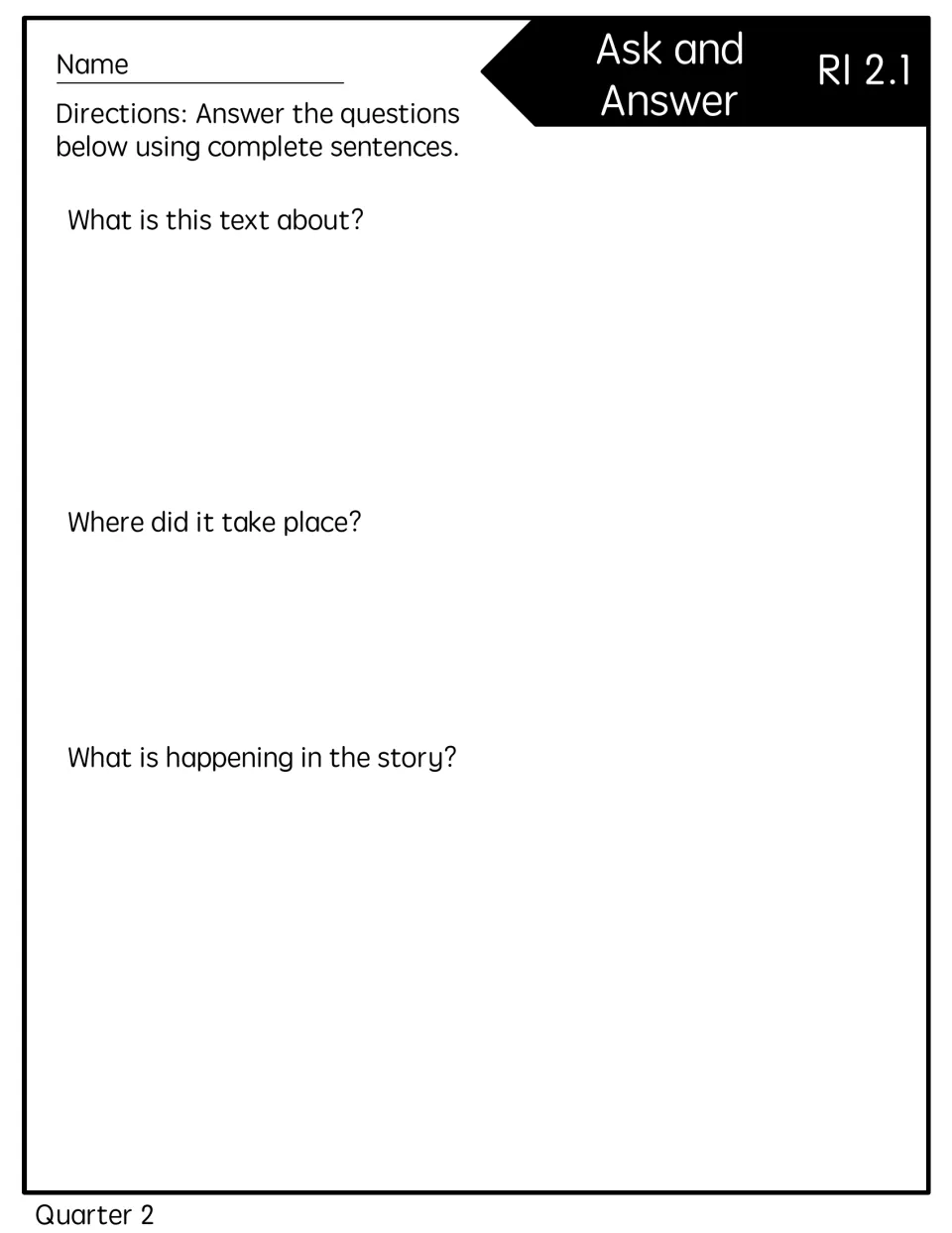 Full-page reading quick check: answer what the text is about, where it took place, and what is happening.