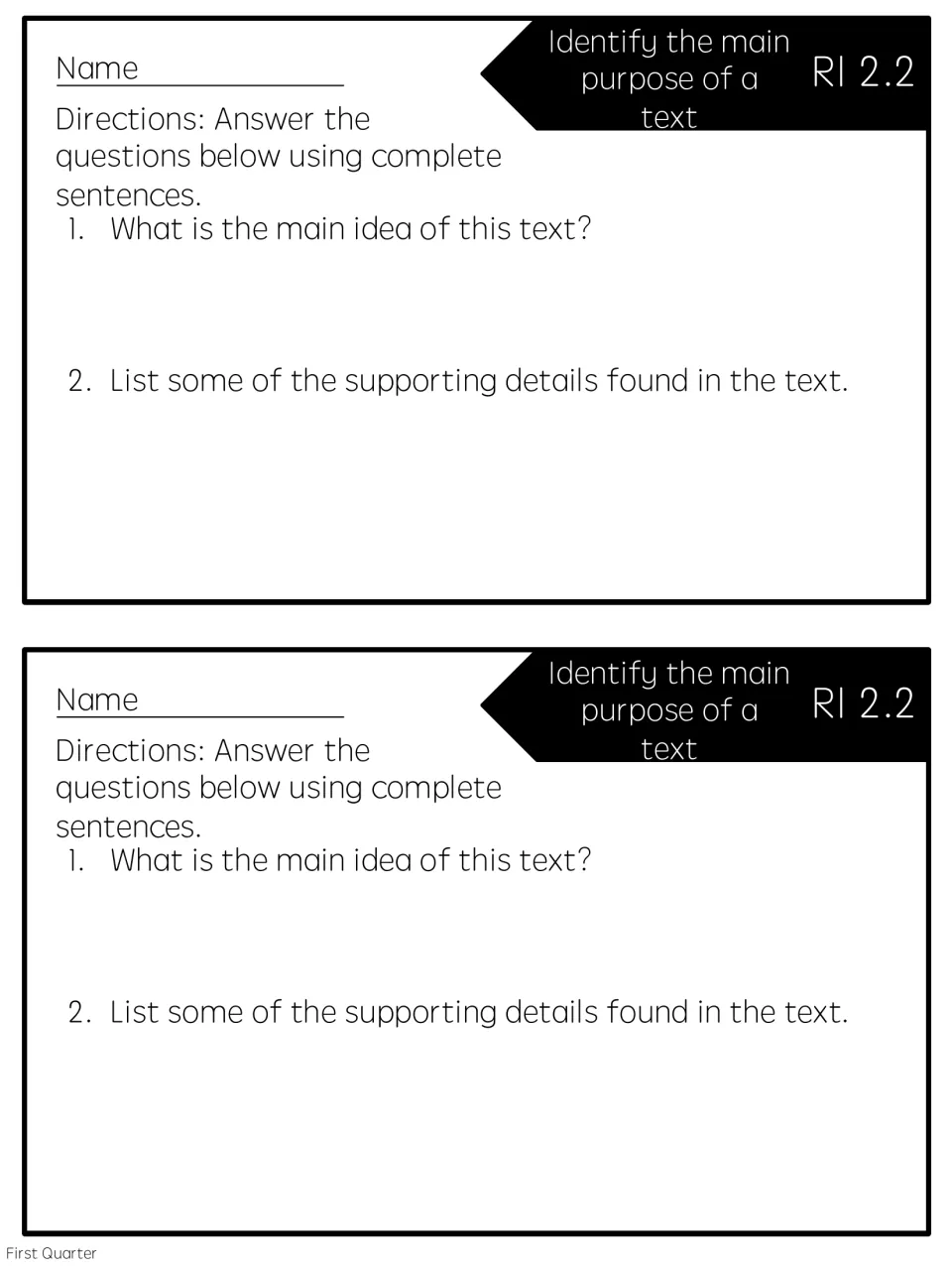 RI 2.2 main purpose of a text: two half-page quick checks asking students for a text's main idea and supporting details
