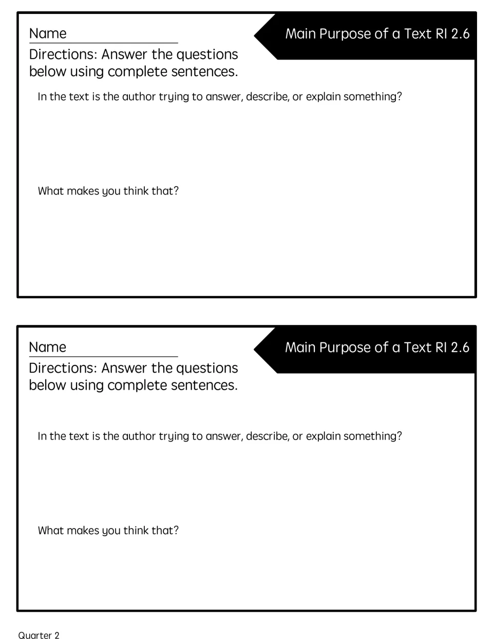 Author's purpose half-sheets: two copies asking if the author answers, describes or explains and why students think so