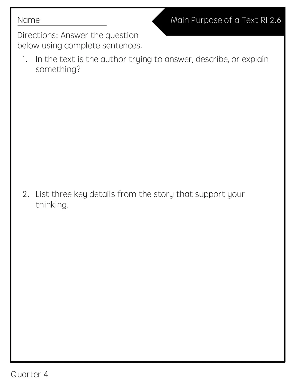 Full-page reading quick check asks whether an author answers, describes, or explains, plus three key details.