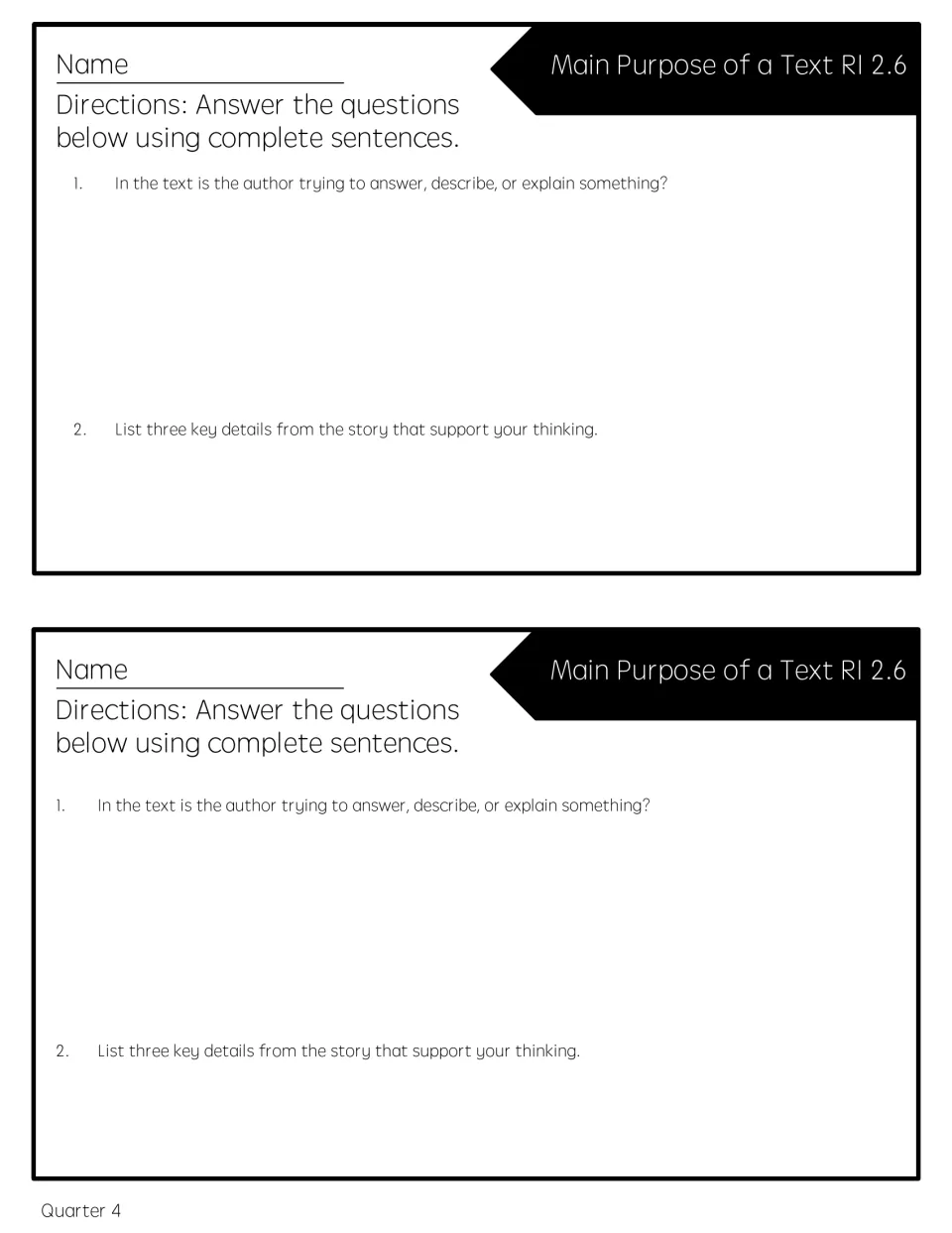 Two copies of the reading quick check ask for the author's purpose and three supporting details from the text.