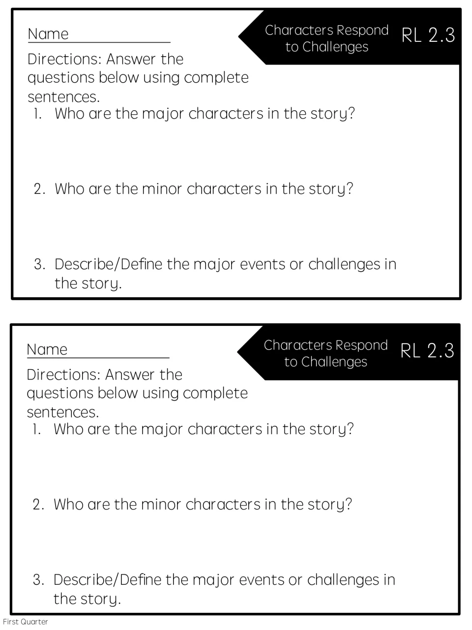 Two copies of a reading quick check ask about major characters, minor characters, and story events or challenges.