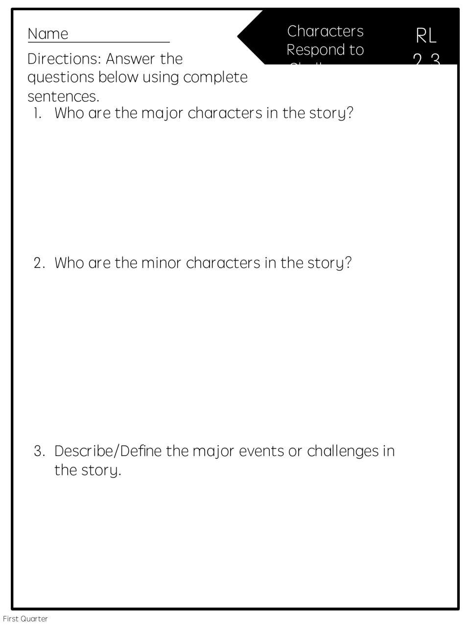 Full-page reading quick check asks about major and minor characters and major story events or challenges.