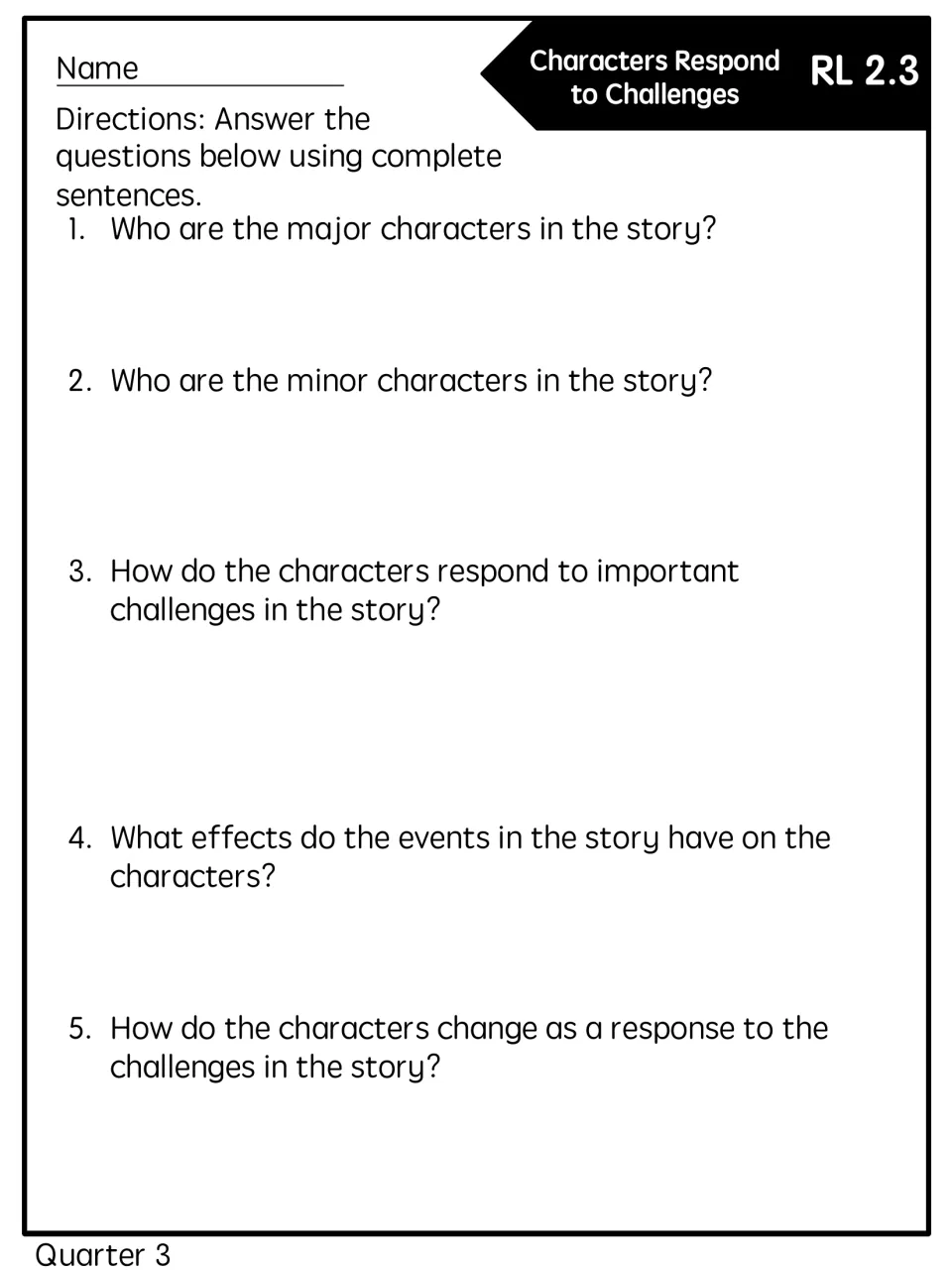 Full-page reading quick check: five questions on major and minor characters, challenges, and character changes.