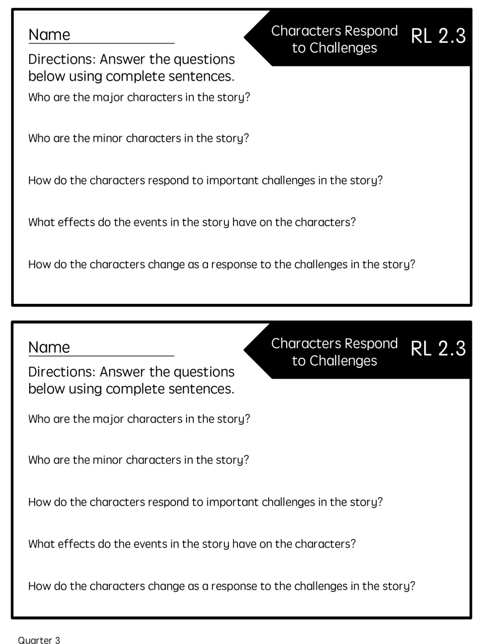 Two copies of the five-question reading quick check on characters, their challenges, and how they change.