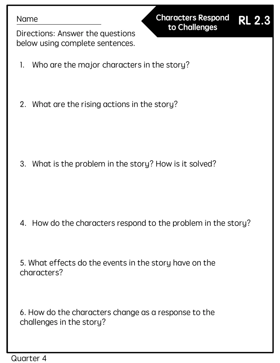 Full-page reading quick check: six questions on major characters, rising actions, problems, responses, and change.