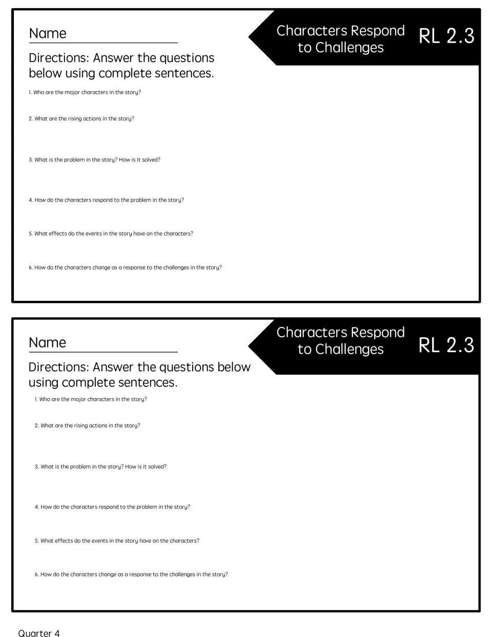 Two copies of the six-question reading quick check on story problems, character responses, and character changes.