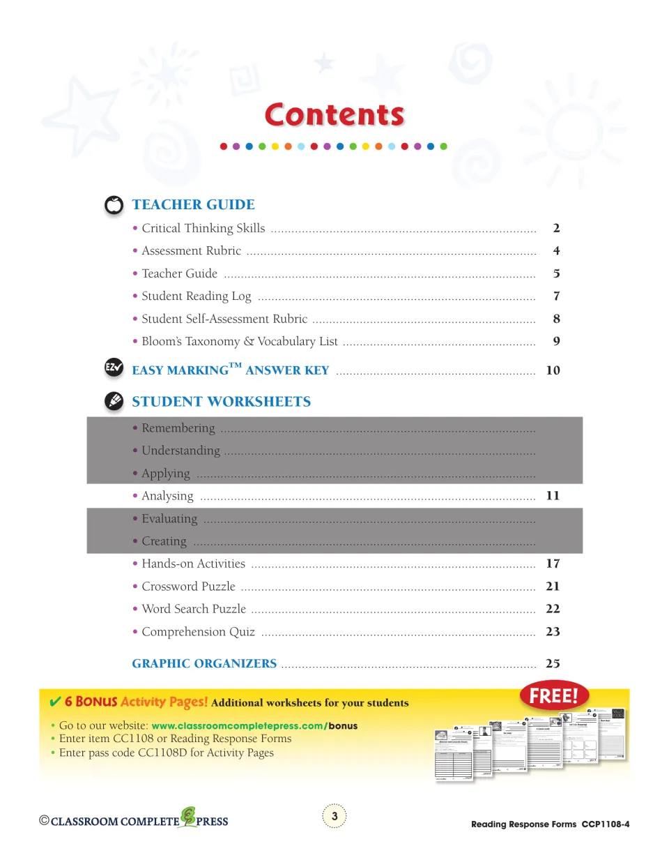 Table of contents: teacher guide on pages 2–9, answer key on page 10 and Analysing worksheets from page 11