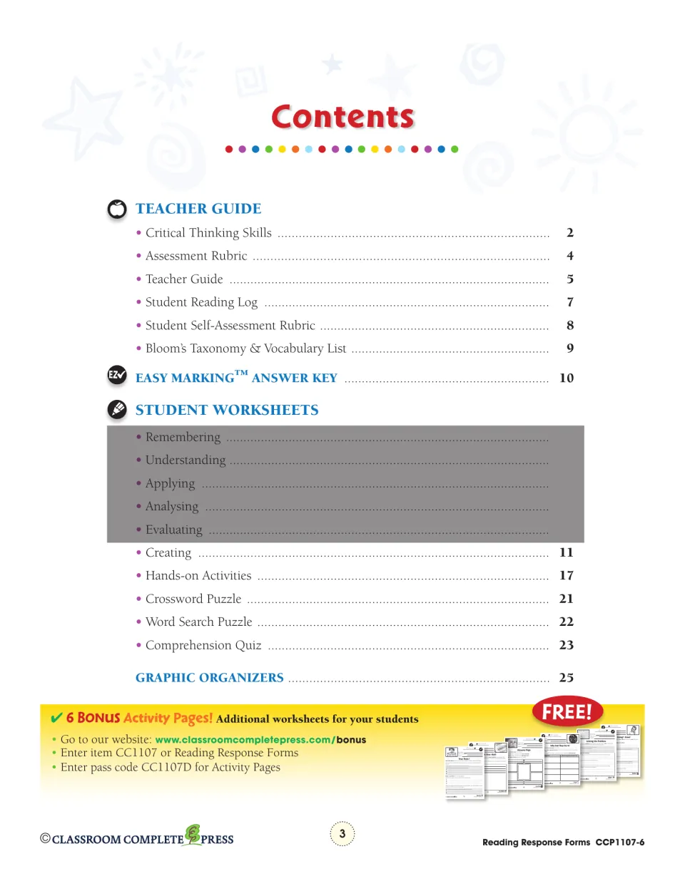 Contents lists teacher tools, the answer key, Creating worksheets, hands-on activities, puzzles, and a quiz