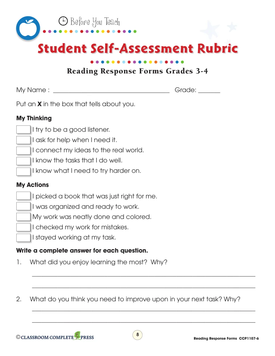 Student self-assessment rubric checks thinking and work habits, then asks about learning and improvement