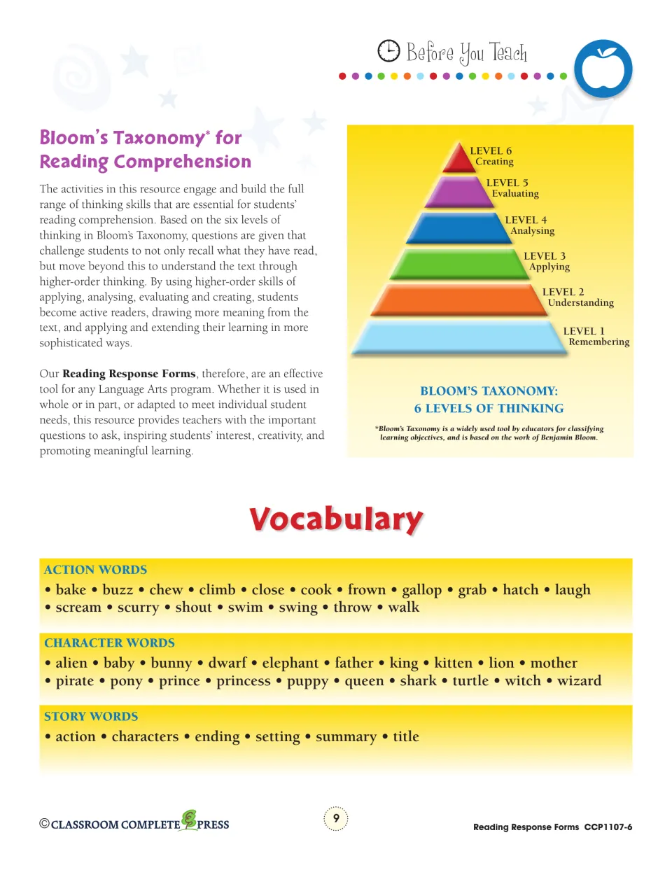 Teacher reference explains Bloom’s six thinking levels and lists action, character, and story vocabulary