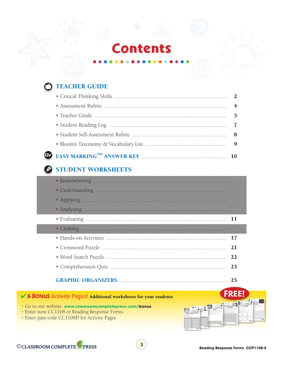 Table of contents: teacher guide pages 2–9, answer key on page 10, and Evaluating worksheets from page 11