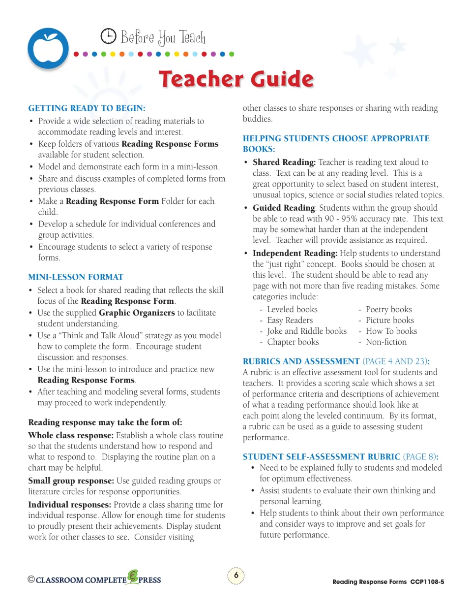 Teacher Guide tips: getting ready, mini-lesson format, choosing books, and using the rubrics