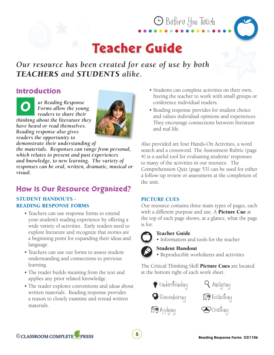 Teacher guide introduction explaining how reading response forms are organized and what each picture cue icon means
